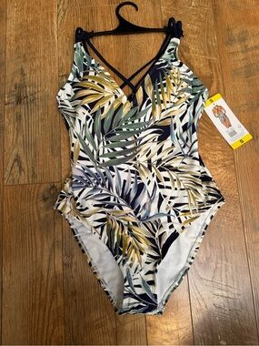 NWT Hurley  Tropical Leaf Print One-Piece Swimsuit - Navy & Green size S